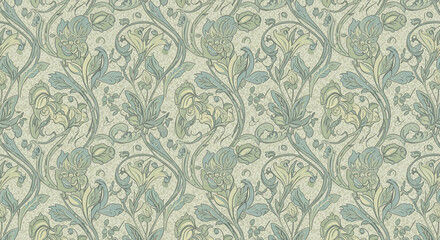 Seamless vintage style floral pattern with green and blue accents.
A detailed, seamless, repeating floral and botanical pattern reminiscent of the Art Nouveau or Morris & Co. style
