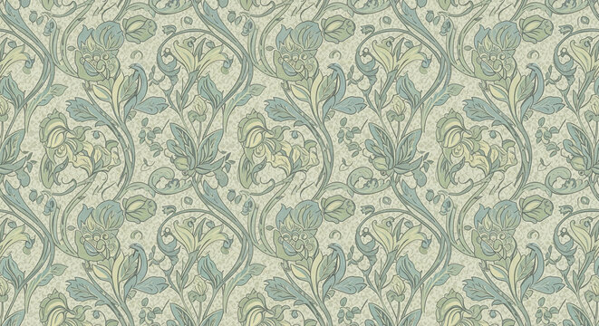 Seamless vintage style floral pattern with green and blue accents.
A detailed, seamless, repeating floral and botanical pattern reminiscent of the Art Nouveau or Morris & Co. style
