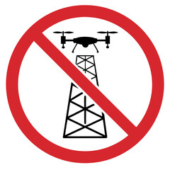 Drone prohibition sign over power lines on a transparent background