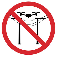 Drone prohibition sign over power lines on a transparent background