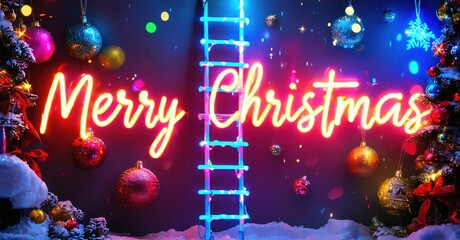 Bright festive scene. Neon Merry Christmas text over snowy trees, colorful ornaments, ladder. Holiday spirit radiates.