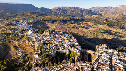 Aerial view of Ronda landscape and buildings with Puente Nuevo Bridge, Andalusia, Spain