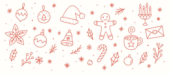 Christmas Doodle Icon Set &ndash; Hand Drawn Red Outline Holiday Elements, Winter Symbols, Festive Clipart
