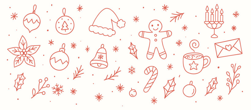 Christmas Doodle Icon Set &ndash; Hand Drawn Red Outline Holiday Elements, Winter Symbols, Festive Clipart
