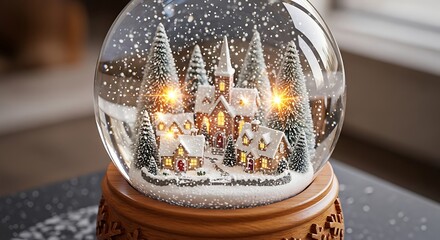 Winter Wonderland: A close-up shot of a snow globe revealing a miniature winter village scene with cozy illuminated houses and pine trees against a snowy background.