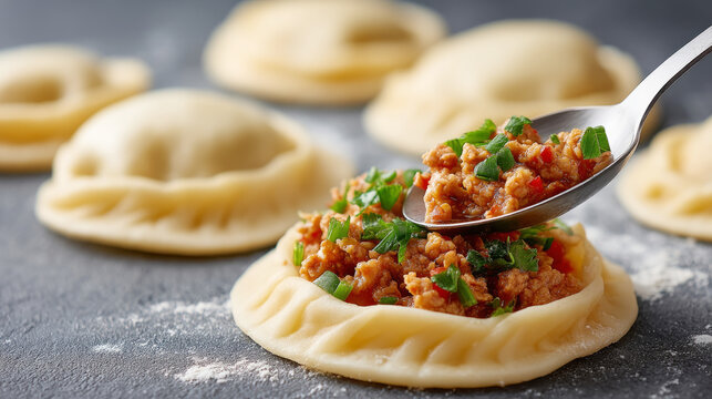 Preparing delicious dumpling filling with dough circles in culinary setting