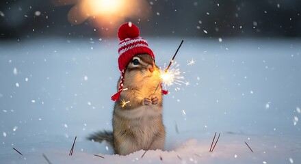 Holiday Sparkle: A chipmunk joyfully holds a sparkling wand in a winter wonderland, donned in a cozy red and white beanie. It's a whimsical, festive scene filled with holiday cheer.