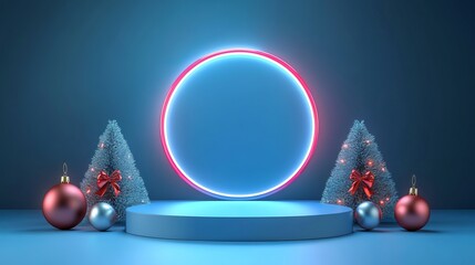 Charming Christmas display with neon circle, trees, and ornaments creates a festive holiday vibe for product promotion and seasonal marketing