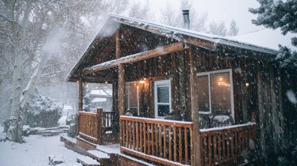 Snowflakes blanket a charming cabin as winter weather creates a peaceful snowy landscape outside.