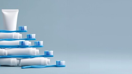 Toothbrushes and toothpaste arranged neatly for a dental care routine at home, in the shape of Christmas trees, Dentistry care greeting banner