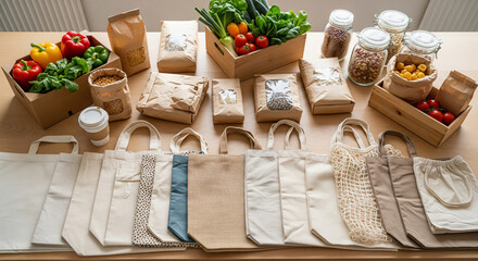 Sustainable Grocery Shopping: Produce, Grains, and Reusable Tote Bags
An overhead display of various groceries and packaging options emphasizing sustainable and zero-waste shopping