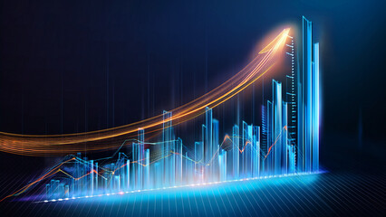 This image is a dynamic, futuristic visualization of business growth and financial data. It features a three-dimensional bar chart and a complex wireframe cityscape of data, rendered in a striking dar