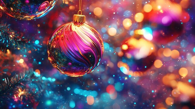 Elegant Christmas ornament with swirling colors and bokeh lights creating a magical festive atmosphere for holiday designs and seasonal campaigns
