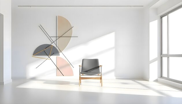 Black chair in a bright white room with geometric patterned wall creating clean modern minimalist interior