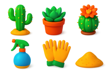 Cactus Icon Collection. 3D icon set of cactus collection: desert cactus, succulent pot, blooming cactus flower, watering spray,