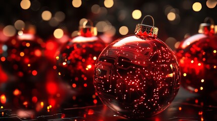 Elegant red Christmas ornaments with circuit board design shimmer against a backdrop of twinkling lights, evoking holiday cheer and futuristic style