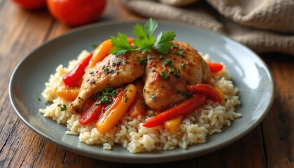 Two pieces of chicken served with colorful bell peppers, fluffy white rice. Garnished with fresh green parsley, this hearty dish looks delicious. Simple home cooking ready to eat for lunch or dinner.