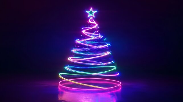 Light painted Christmas tree with a star on top radiating festive joy with vibrant neon colors for a modern holiday celebration concept - Powered by Adobe