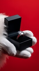 Elegant diamond ring held in a gift box with a red background perfect for proposals or special occasions, Christmas
