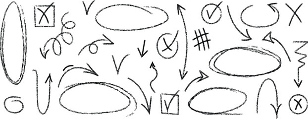 Black pencil hand drawn various oval, chalked arrows, check marks. Vector doodle marker drawing. Hand drawn charcoal symbols for diagrams. Freehand grunge black strikethrough and underline elements © farhanatisha