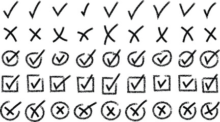 Check marks doodle set. Vote, yes, no, checkbox, checklist, tick and cross  drawn doodle sketch style vector  marks doodle set. che, tick and cross sign. Hand drawn doodle  style vector illustration