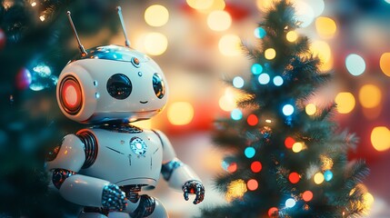 Festive robot celebrating the holidays with a decorated Christmas tree and bokeh lights creating a cheerful and futuristic holiday atmosphere