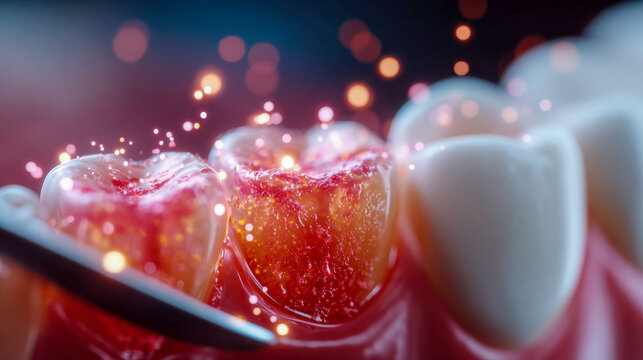 Macro close-up showing plaque buildup and inflamed gums on a human tooth