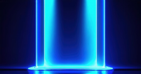 Bright blue neon light forms rectangular shape. Dark background emphasizes glowing lines, creating futuristic scene. Minimalist design.
