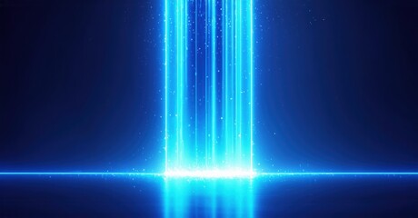 Bright blue light beams descend, creating glowing vertical column. Dark background enhances luminous effect, reflection visible below.