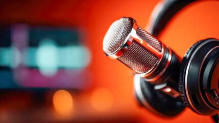 Studio microphone with headphones on an orange background symbolizing podcasting, broadcasting, and audio production