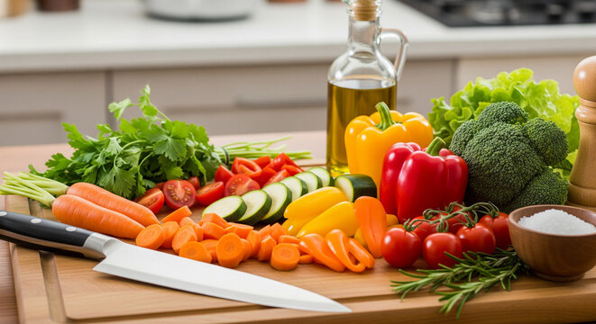 Colorful fresh vegetables and herbs being prepared on a kitchen cutting board.
A vibrant, mouth-watering composition of freshly chopped and whole colorful vegetables arranged on a wooden cutting - Powered by Adobe