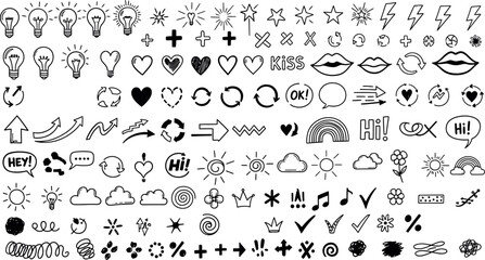 Hand drawn doodle elements collection in black and white for digital design