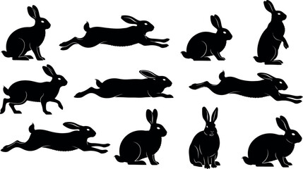 Collection of black rabbit silhouettes in various poses on white background