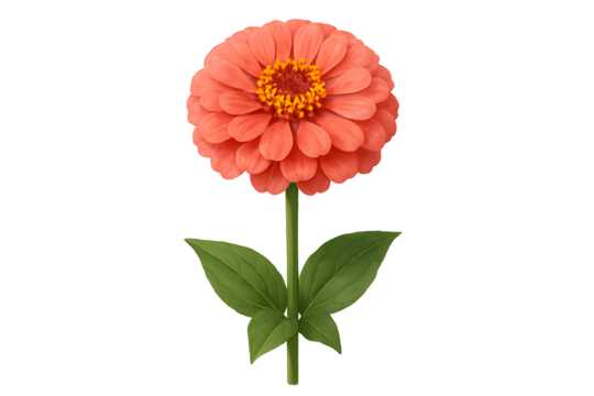 Coral zinnia flower with green leaves isolated on black background, botanical macro illustration - Powered by Adobe