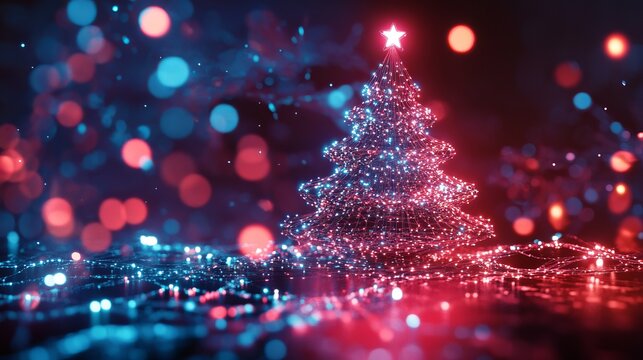 Festive holiday spirit shines with a glowing wireframe Christmas tree radiating joy and wonder in a sparkling, colorful, abstract wonderland - Powered by Adobe