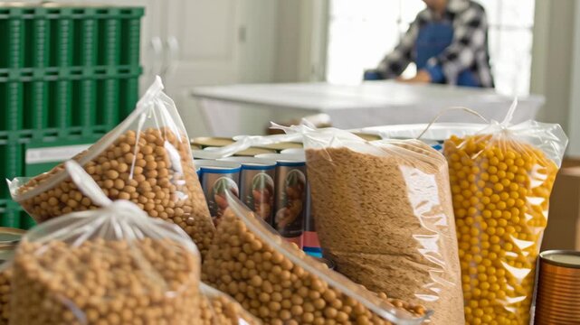 Emergency food assistance. Bags of Grains and Canned Goods on Table Showcasing Variety of Food Supplies in Storage with Packaging in Plastic Bags