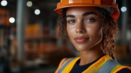 Confident female industrial worker wearing a hard hat and safety vest, standing in a modern warehouse environment, symbolizing professionalism, industry, and workplace safety