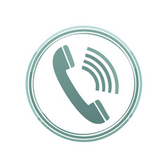 Telephone receiver graphic with outgoing call waves displayed inside rounded double line frame, calling icon