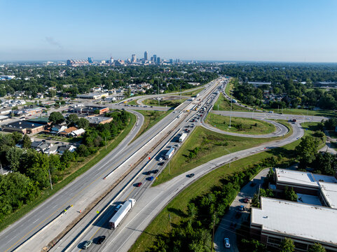 Early morning aerial of Interstate 65 at Raymond Street - Garfield Park, Indianapolis, Indiana