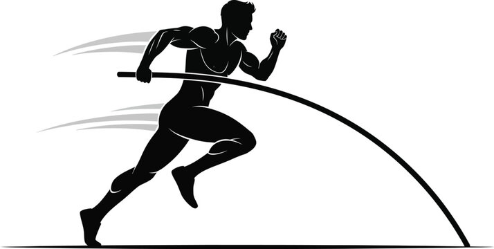 Athlete performing a pole vault. Athlete uses a long, flexible pole to vault over a horizontal bar set at a specific height. Pole vaulter in dynamic action, track vault silhouette. 