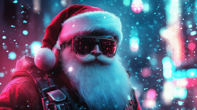 Cyberpunk Santa Claus with futuristic glasses in neon city lights creates a cool, modern holiday vibe perfect for unique festive designs and social media posts - Powered by Adobe