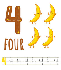 Number four for kids with cute cartoon banana. Learning to count. Math game with fruits for preschool and school children. Count and trace. Vector