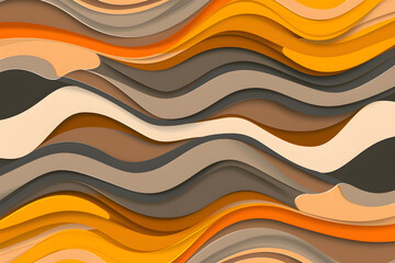 Abstract and colorful design with a wavy pattern. Orange and brown are the predominant colors, with some elements in black and white.