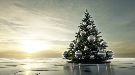Stunning Christmas tree with silver ornaments reflecting the sunset sky, perfect for holiday promotions and creating a festive atmosphere