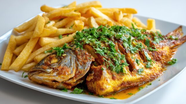 Delicious Fried Mojarra: A Colombian Culinary Delight Served with French Fries on a White Background