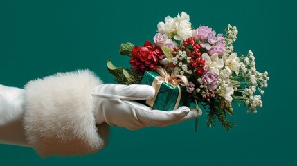Gift of flowers presented in a white-gloved hand against a bright green background during a festive occasion