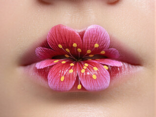 close up make up of lips with flower paint
