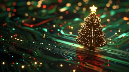 Modern tech Christmas tree glows on a circuit board background, perfect for holiday technology promotions and futuristic Christmas themes