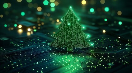 Futuristic Christmas tree glows on a digital circuit board background, perfect for holiday technology promotions and modern Christmas campaigns