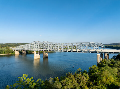 Aerial, Late Evening View of the Combs-Hehl Bridge - Interstate 275 - Ohio River - Kentucky and Ohio
